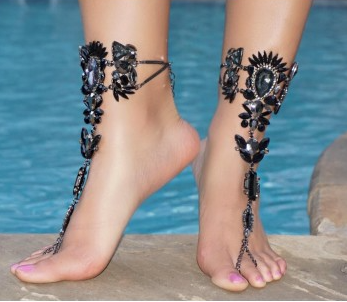 Raven Black Jeweled Barefoot Sandals